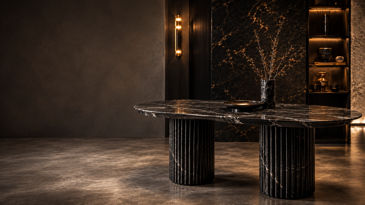 Stone, Refined. Custom marble, onyx and travertine furniture crafted to order in the UAE.